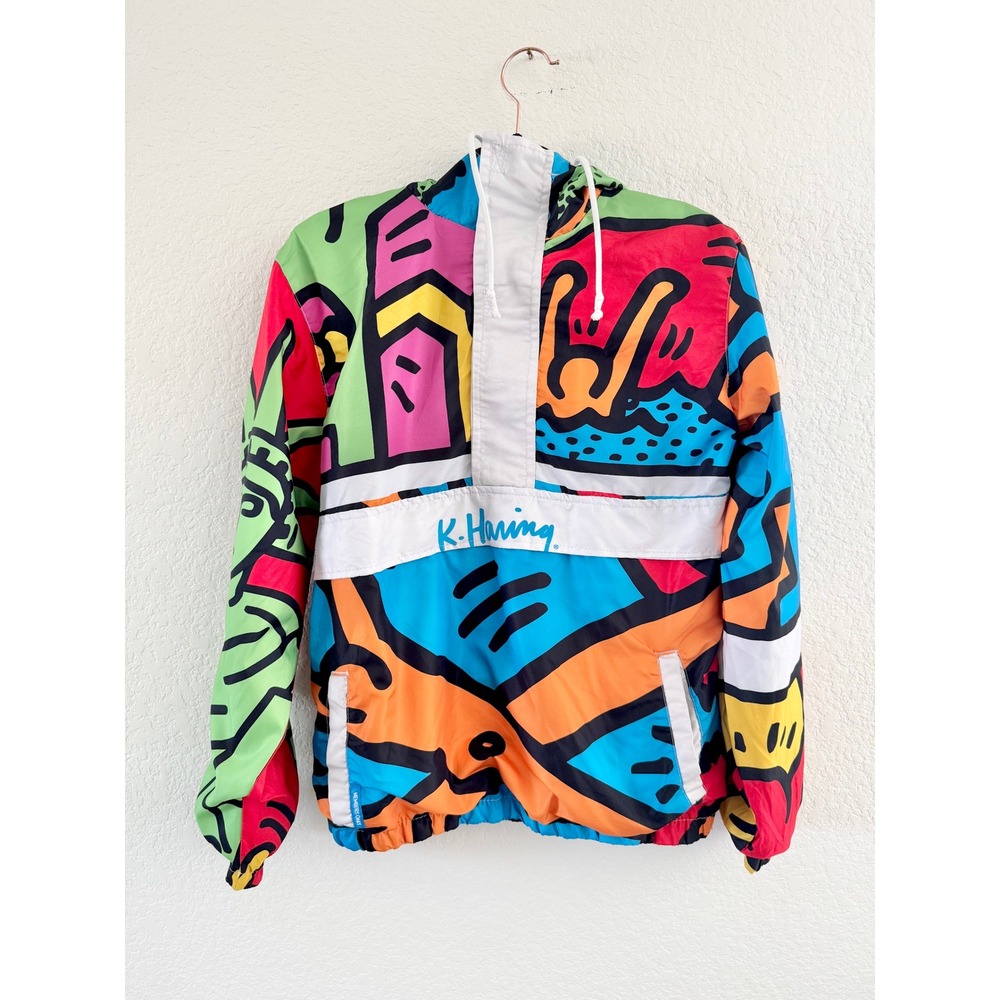 Members Only Keith Haring Windbreaker Jacket Pop Art Graphic Anorak Multicolor